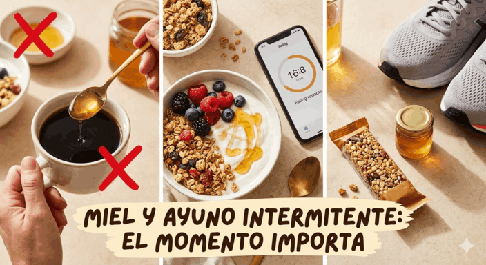 cuchara de miel natural sobre yogur y fruta en un desayuno de ayuno intermitente