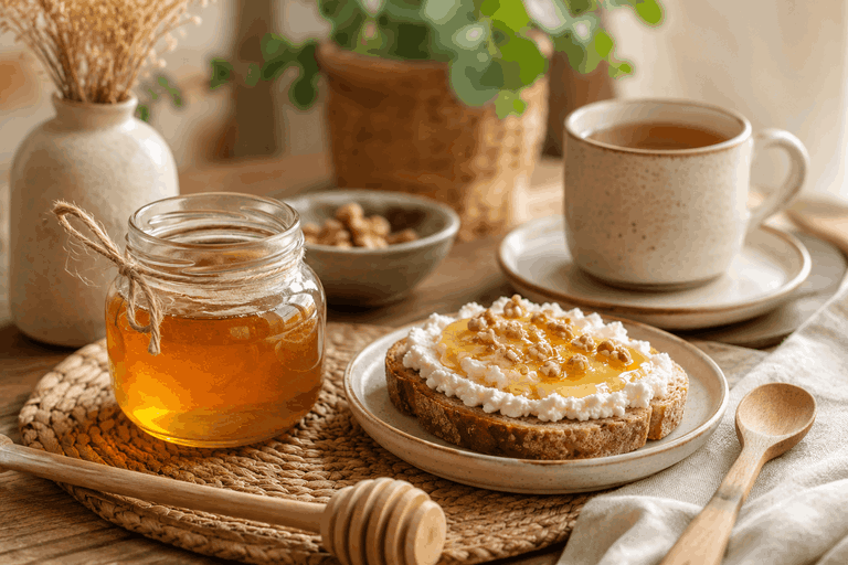 tarro de miel artesanal junto a tostada con queso fresco para romper el ayuno
